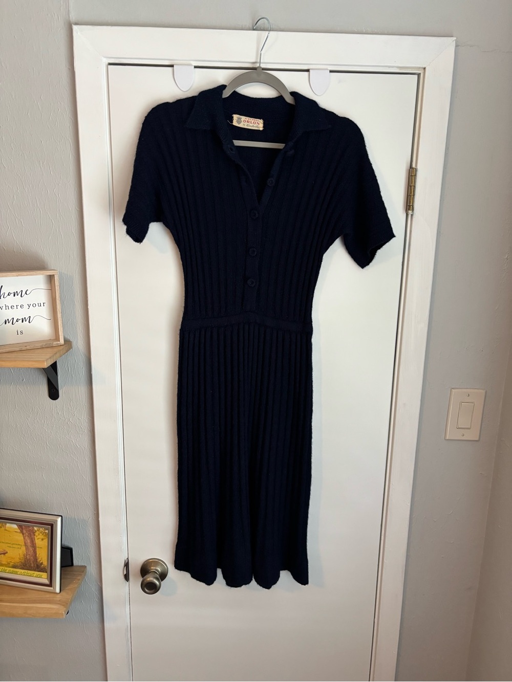 Vintage 1950’s Collared Ribbed Midi Dress in Navy - Classic Knit Style